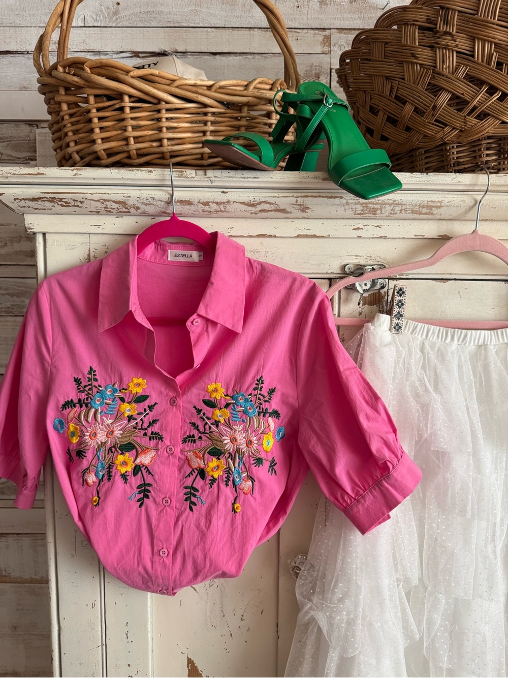 Pink Embroidered Floral Button-Up Shirt